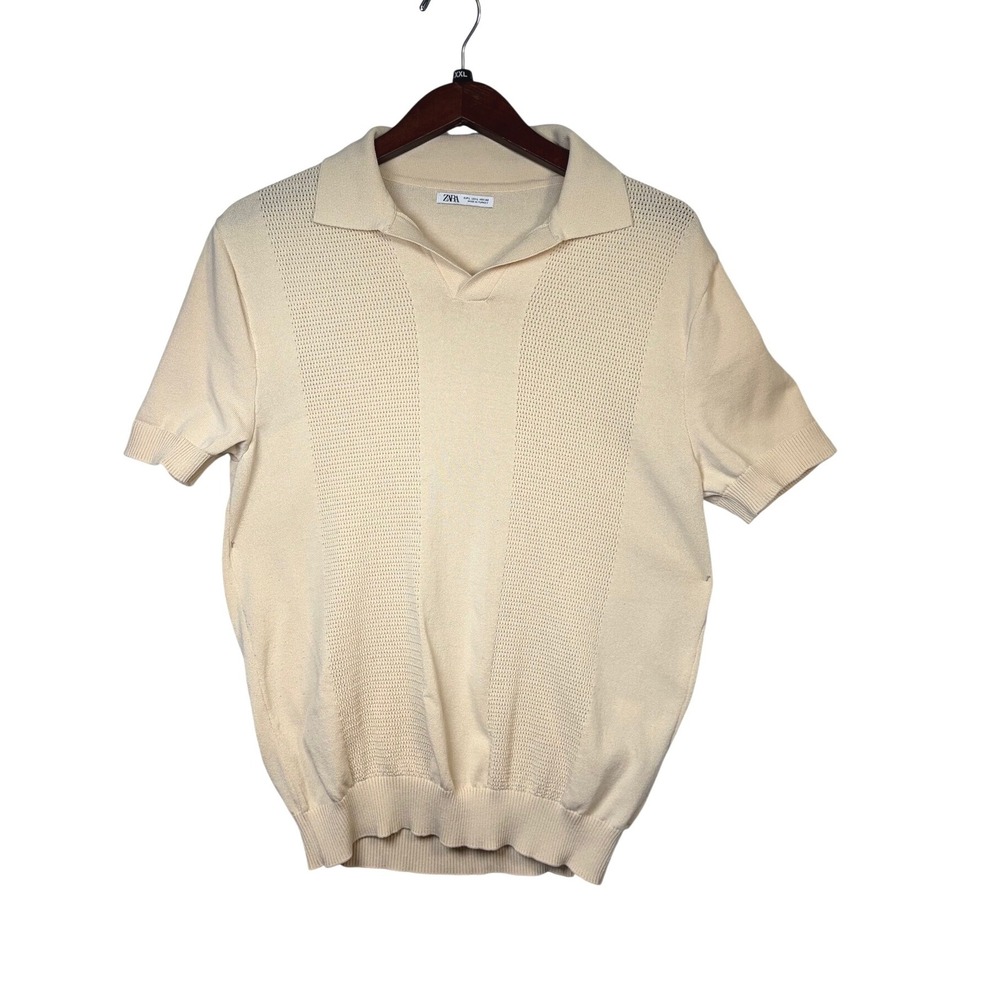 Zara Knit Polo Shirt Mens Large Cream Excellent Textured Pointelle V-Neck
